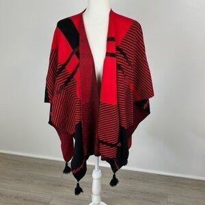 Ming Wang Red & Black Poncho Sweater OS NWT